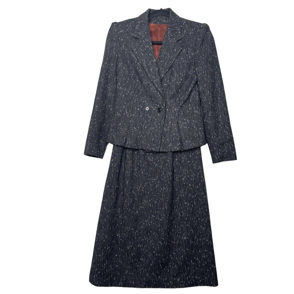 Vintage 70s Tweed Skirt Suit Laurice Size XS Wool Blend Pleated Peplum